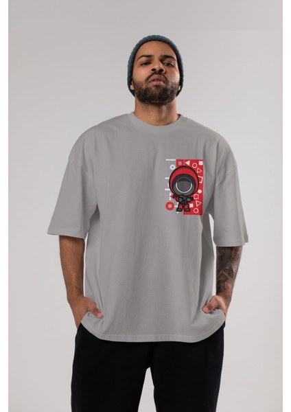 Squid Game (4) Ön Sol Baskılı Oversize T-Shirt Erkek Kadın Unisex Pamuk Bisiklet Yaka Tişort