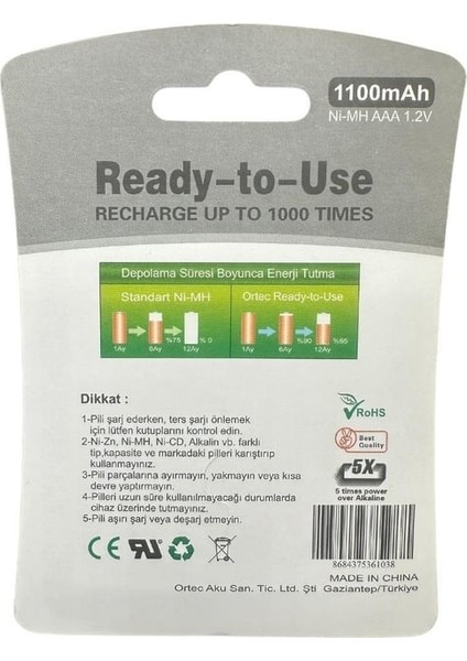 Ortec Aaa 1.2V 1100MAH Şarj Edilebilir Pil