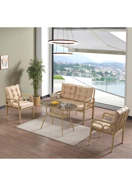 Rio Rattan Bahçe Balkon Oturma Takımı 2+1+1+Camlı Masa Cappuccino
