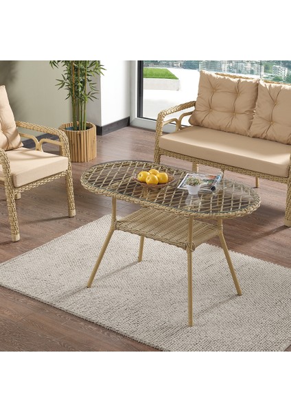 Rio Rattan Bahçe Balkon Oturma Takımı 2+1+1+Camlı Masa Cappuccino