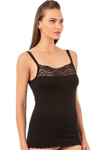 23422 Modal Dantel Yaka İp Askılı Atlet Siyah M Kadın fırsatları