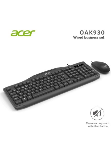 OAK-930 Kablolu Sessiz Tuşlu Klavye Moue Set Siyah (Klavye 1,40CM-MOUSE 1.60CM Kablo)