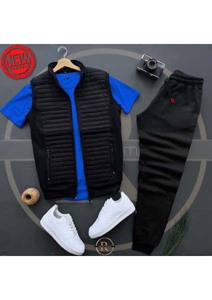 Basic Kapitone Yelek - Yazlık Eşofman Altı - T-Shirt 3'lü Alt Üst Takım