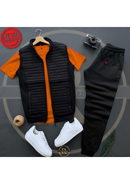 Basic Kapitone Yelek - Yazlık Eşofman Altı - T-Shirt 3'lü Alt Üst Takım