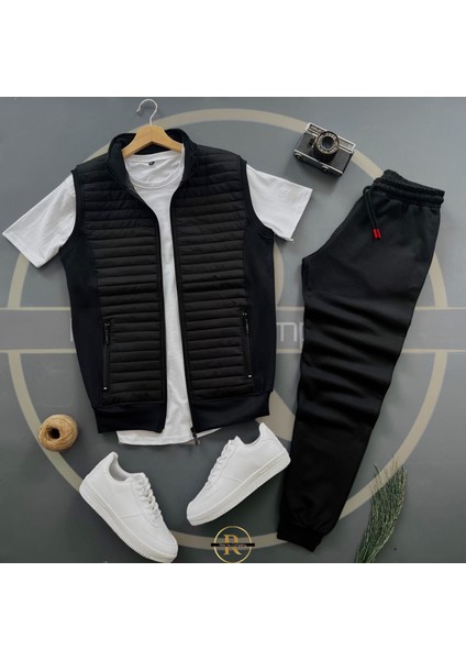 Basic Kapitone Yelek - Yazlık Eşofman Altı - T-Shirt 3'lü Alt Üst Takım