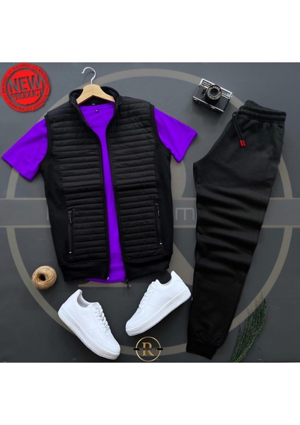 Basic Kapitone Yelek - Yazlık Eşofman Altı - T-Shirt 3'lü Alt Üst Takım