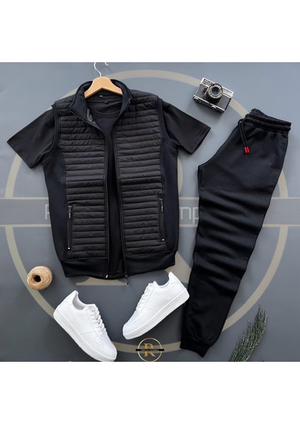 Basic Kapitone Yelek - Yazlık Eşofman Altı - T-Shirt 3'lü Alt Üst Takım