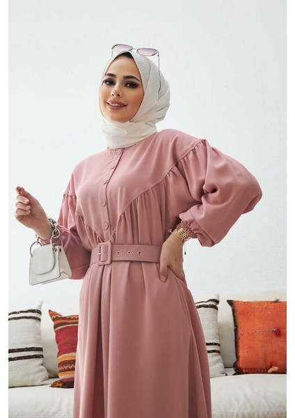 6586-KREP Büzgülü Elbise Pudra