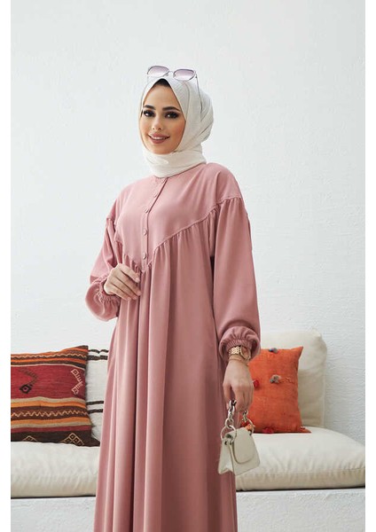 6586-KREP Büzgülü Elbise Pudra fiyatları