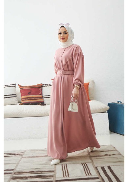 6586-KREP Büzgülü Elbise Pudra modelleri