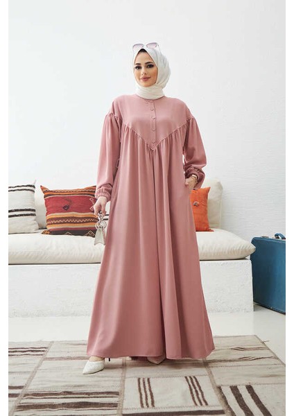 6586-KREP Büzgülü Elbise Pudra fırsatları