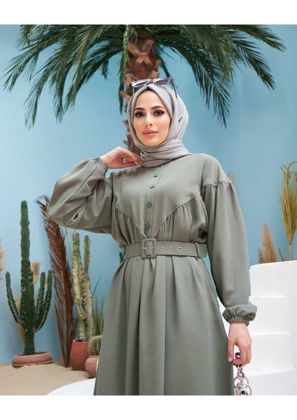 6586-KREP Büzgülü Elbise Mint Yeşili