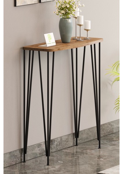 100 cm Atlantik Çam Dresuar Kahve Köşesi Konsol Modern Raf Metal Boru Siyah Ayaklı