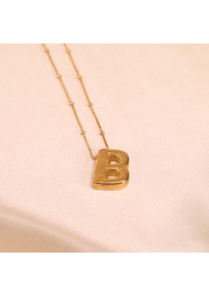 Çelik Kadın Kolye, Gold Renk Harf Kolye, Boncuk Detaylı, NO:191A