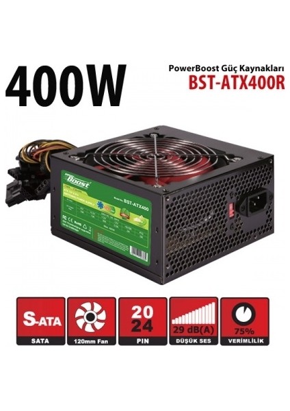 BST-ATX400R 400w, PPFC 12cm Siyah Fanlı ATX PSU Power kablo (Retail Box) Güç Kaynağı