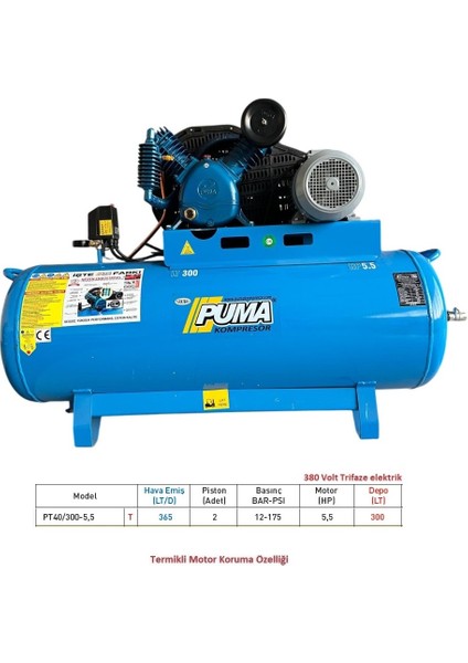 300 Lt Döküm Kafa Kompresör 5,5 Hp, 12 Bar Çift Kademe 2 Piston