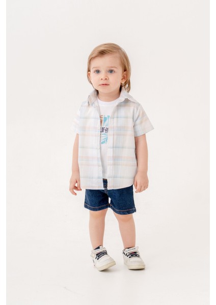 Tarz Gömlekli Kareli Belden Ayarlanabilir Kısa Kollu Şortlu 3'lü Takım Bayramlık Düğünlük