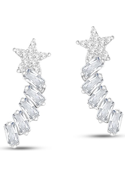 925 Ayar Gümüş Baget Sırataşlı Yıldız Küpe Ssbagetstar Beyaz Renk