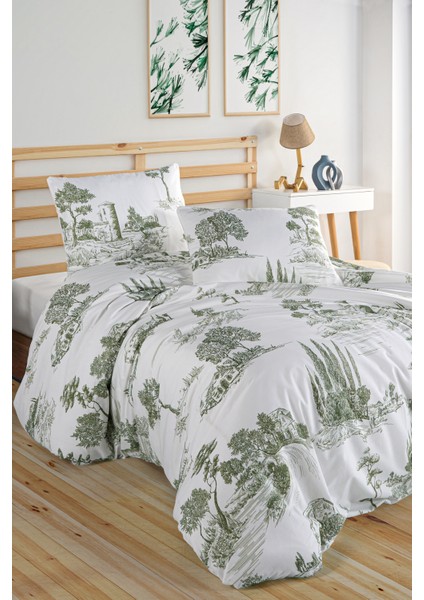 Vintage Green %100 Pamuk Çift Kişilik Nevresim Seti