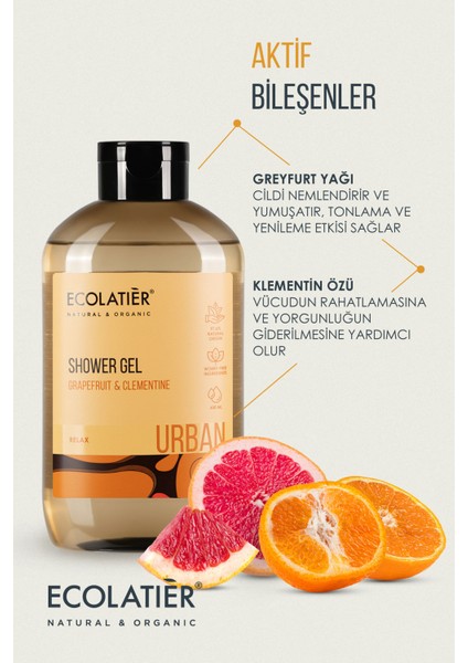 Duş Jeli Relax, %97,5 Doğal Vücut Şampuanı Greyfurt ve Klementin, 600 ml