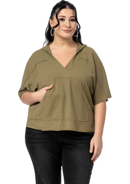 Büyük Beden Kanguru Cepli V Yaka Kapüşonlu Kirli Dikişli Haki Bluz
