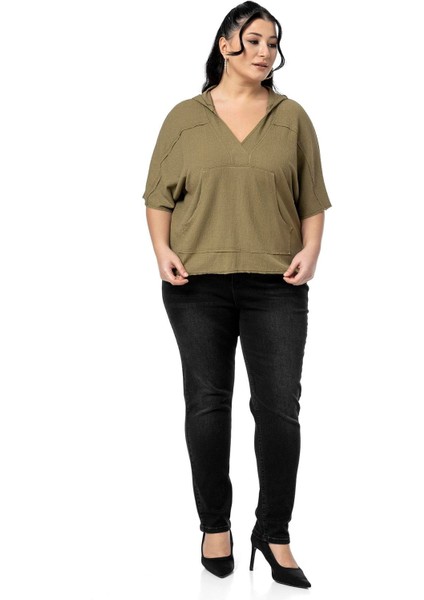 Büyük Beden Kanguru Cepli V Yaka Kapüşonlu Kirli Dikişli Haki Bluz fiyatları