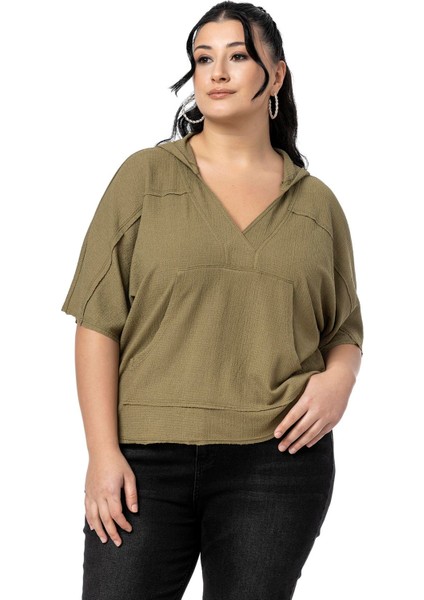 Büyük Beden Kanguru Cepli V Yaka Kapüşonlu Kirli Dikişli Haki Bluz indirimleri