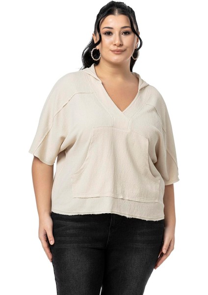 Büyük Beden Kanguru Cepli V Yaka Kapüşonlu Kirli Dikişli Haki Bluz