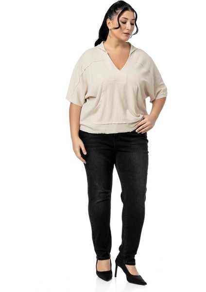 Büyük Beden Kanguru Cepli V Yaka Kapüşonlu Kirli Dikişli Haki Bluz fiyatları