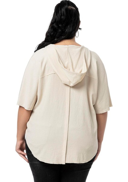 Büyük Beden Kanguru Cepli V Yaka Kapüşonlu Kirli Dikişli Haki Bluz modelleri