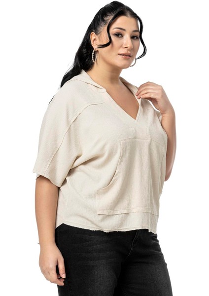 Büyük Beden Kanguru Cepli V Yaka Kapüşonlu Kirli Dikişli Haki Bluz fırsatları