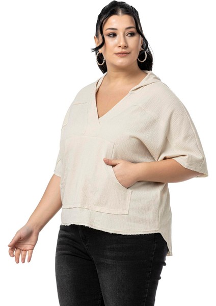 Büyük Beden Kanguru Cepli V Yaka Kapüşonlu Kirli Dikişli Haki Bluz indirimleri