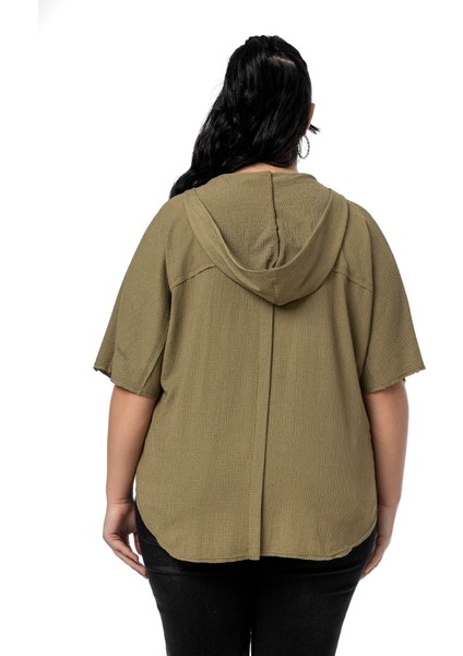 Büyük Beden Kanguru Cepli V Yaka Kapüşonlu Kirli Dikişli Haki Bluz modelleri