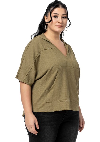 Büyük Beden Kanguru Cepli V Yaka Kapüşonlu Kirli Dikişli Haki Bluz fırsatları