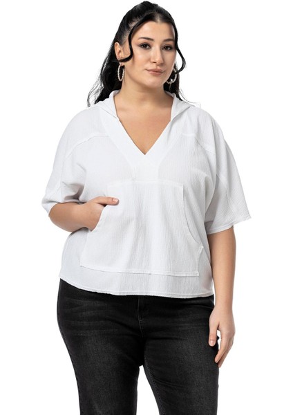 Büyük Beden Kanguru Cepli V Yaka Kapüşonlu Kirli Dikişli Haki Bluz