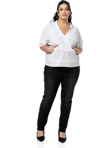 Büyük Beden Kanguru Cepli V Yaka Kapüşonlu Kirli Dikişli Haki Bluz fiyatları