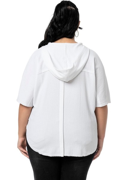 Büyük Beden Kanguru Cepli V Yaka Kapüşonlu Kirli Dikişli Haki Bluz modelleri