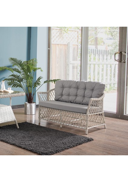 Icon Rattan Bahçe Balkon Oturma Takımı 2+1+1+Camlı Masa Kemik Rengi