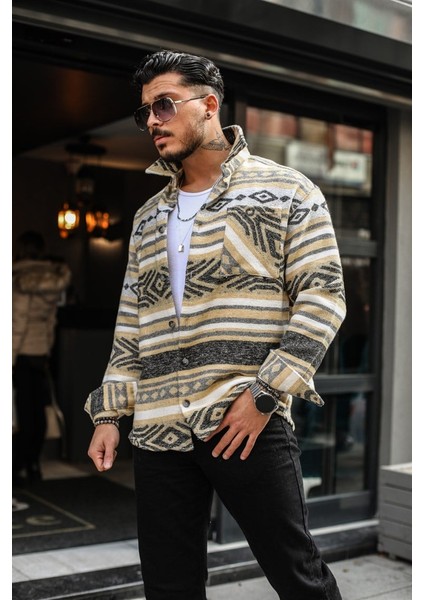 Tek Cepli Sembol Desenli Oduncu Oversize Gömlek Sarı modelleri