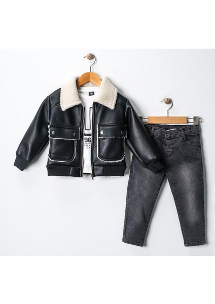 Erkek Çocuk Deri Ceketli Kot Pantolonlu Penyeli Üçlü Takım TKM.YY01
