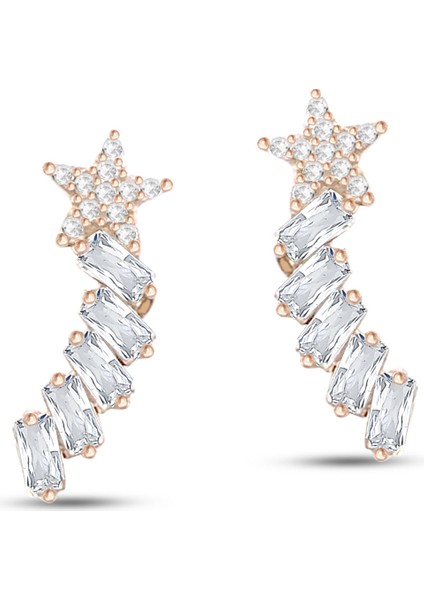 925 Ayar Gümüş Baget Sırataşlı Yıldız Küpe Ssbagetstar Kırmızı Renk