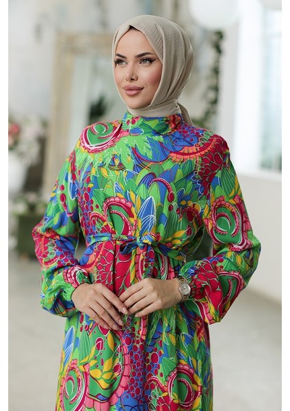 Lacey Dokuma Viskon Elbise 1320 - Fuşya modelleri