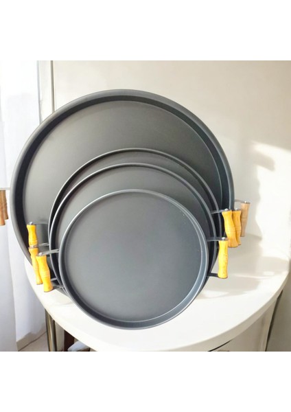 Ahşap Kulplu Metal Tepsi Çay Tepsisi 4'lü (51, 40, 37, 30 Cm) Kahve Tepsisi Sunum Tepsi Seti