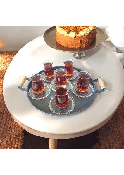 Ahşap Kulplu Metal Tepsi Çay Tepsisi 4'lü (51, 40, 37, 30 Cm) Kahve Tepsisi Sunum Tepsi Seti