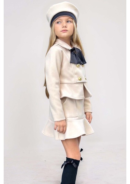 Kız Çocuk Asimetrik Kesim ve Düğme Detaylı Ceket Eteği Fırfır Detaylı Krem Kaşe Etekli Takım fiyatları