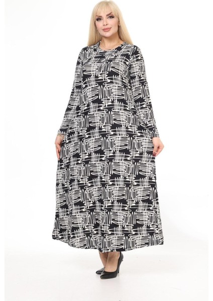 Kadın Büyük Beden Siyah Beyaz Karışık Desen Elbise
