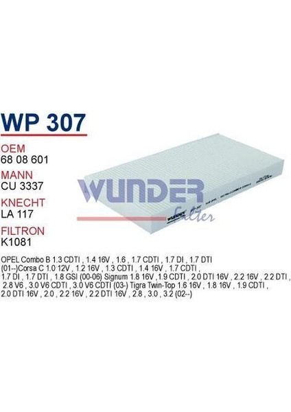 Wunder WP307 Polen Filtresi Opel Vectra C fiyatları