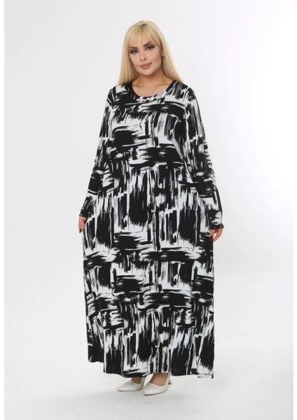 Kadın Büyük Beden Siyah Beyaz Trend Desen Elbise