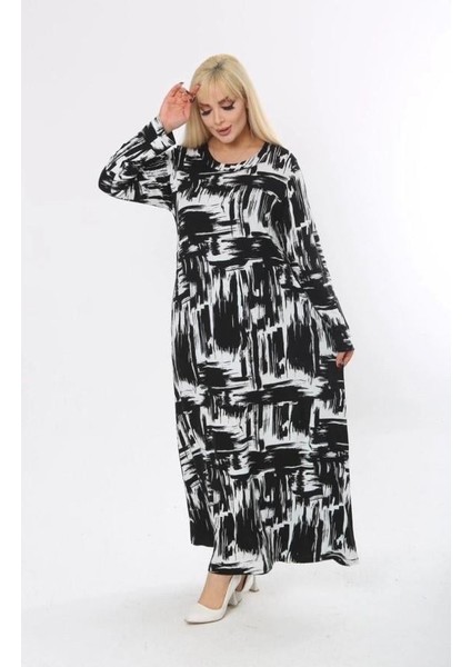 Kadın Büyük Beden Siyah Beyaz Trend Desen Elbise modelleri
