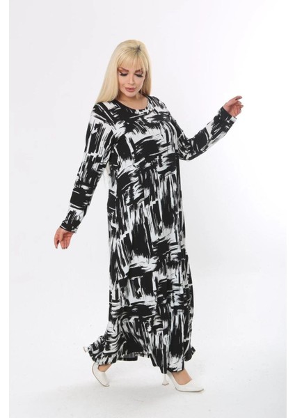 Kadın Büyük Beden Siyah Beyaz Trend Desen Elbise fırsatları